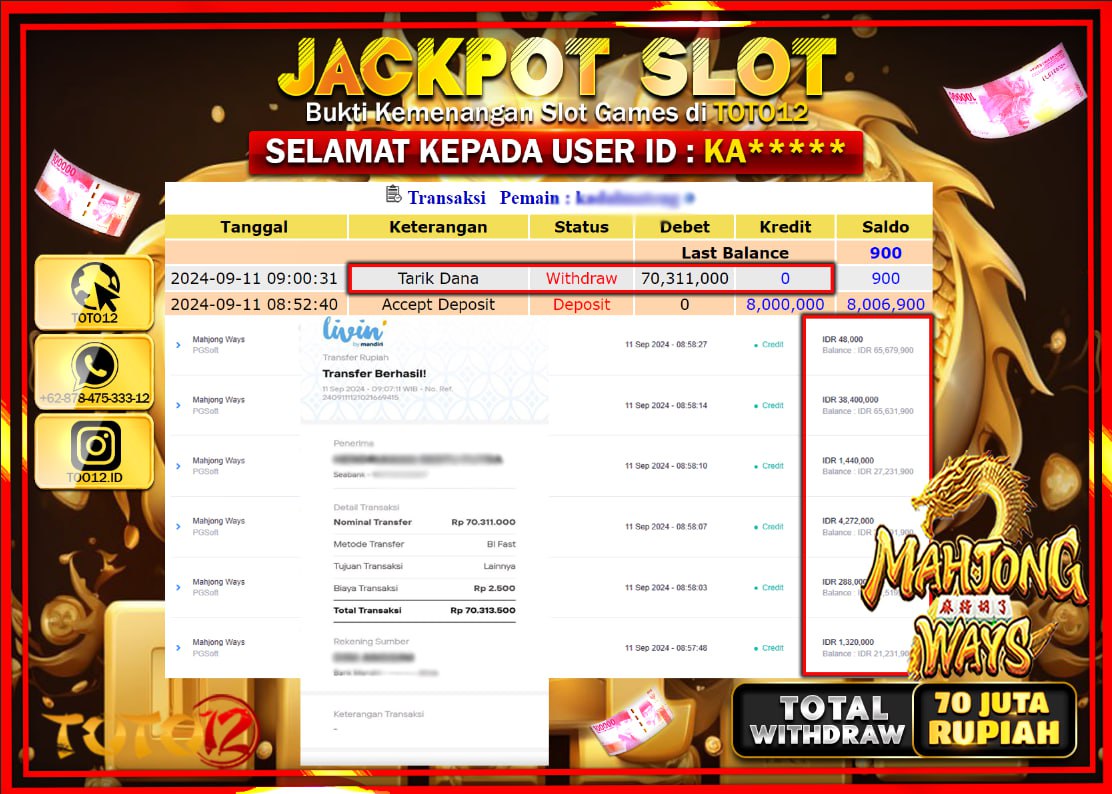 HANYA DI TOTO12 JP PASTI DI BAYAR LUNAS DAN CEPAT!!!!!! JACKPOT SLOT GAME ( MAHJONG WAYS ) Rp.70.000.000 !!!!