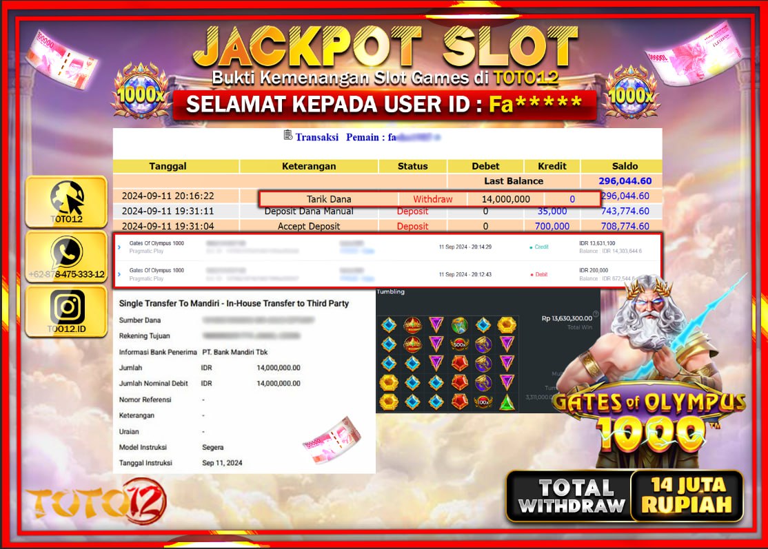 HANYA DI TOTO12 JP PASTI DI BAYAR LUNAS DAN CEPAT!!!!!! JACKPOT SLOT GAME ( GATES OF OLYMPUS 1000 ) Rp.14.000.000 !!!!