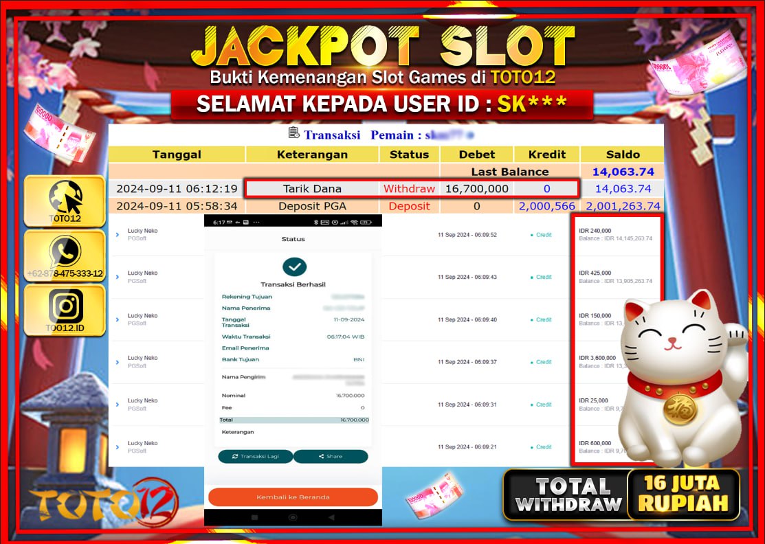 HANYA DI TOTO12 JP PASTI DI BAYAR LUNAS DAN CEPAT!!!!!! JACKPOT SLOT GAME ( LUCKY NEKO ) Rp.16.000.000 !!!!