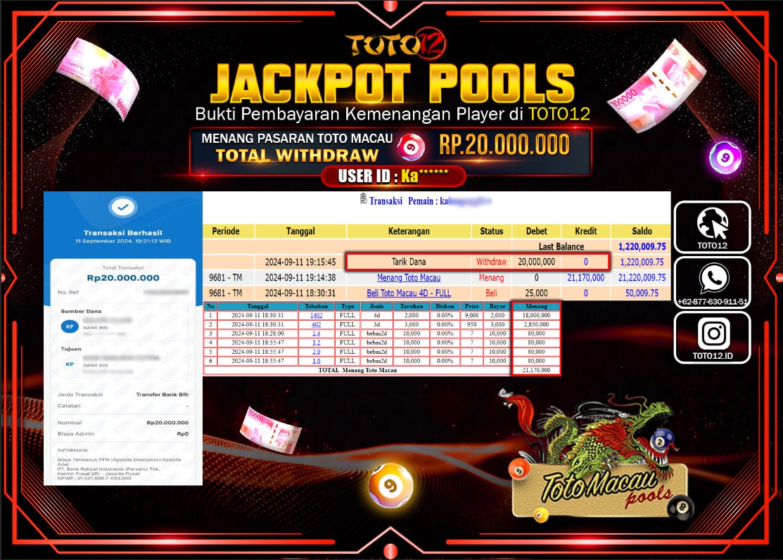 HANYA DI TOTO12 JP PASTI DI BAYAR LUNAS DAN CEPAT!!!!!! JACKPOT POOLS MENANG PASARAN ( TOTOMACAU4D ) Rp.20.000.000 !!!!