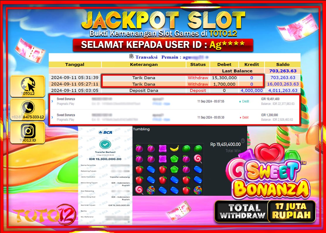 HANYA DI TOTO12 JP PASTI DI BAYAR LUNAS DAN CEPAT!!!!!! JACKPOT SLOT GAME (  SWEET BONANZA ) Rp.17.000.000 !!!!