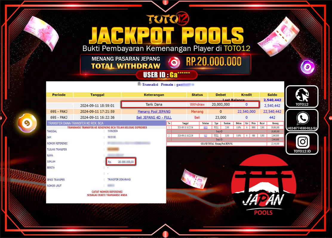HANYA DI TOTO12 JP PASTI DI BAYAR LUNAS DAN CEPAT!!!!!! JACKPOT POOLS MENANG PASARAN ( JEPANG ) Rp.20.000.000 !!!!