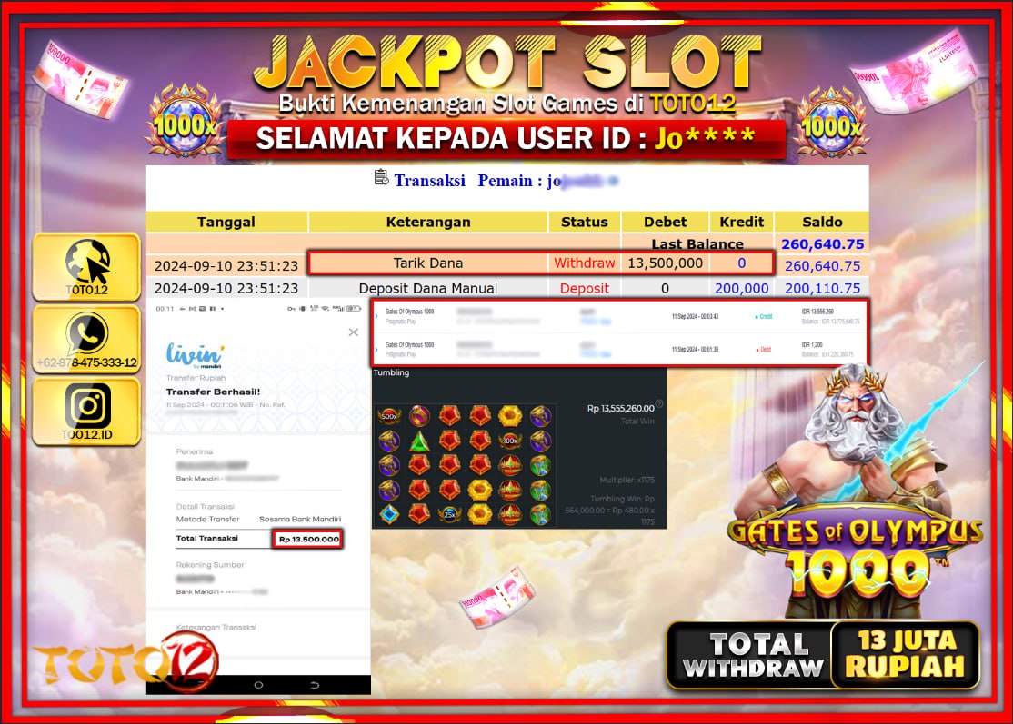 HANYA DI TOTO12 JP PASTI DI BAYAR LUNAS DAN CEPAT!!!!!! JACKPOT SLOT GAME ( GATES OF OLYMPUS 1000 ) Rp.13.000.000 !!!!