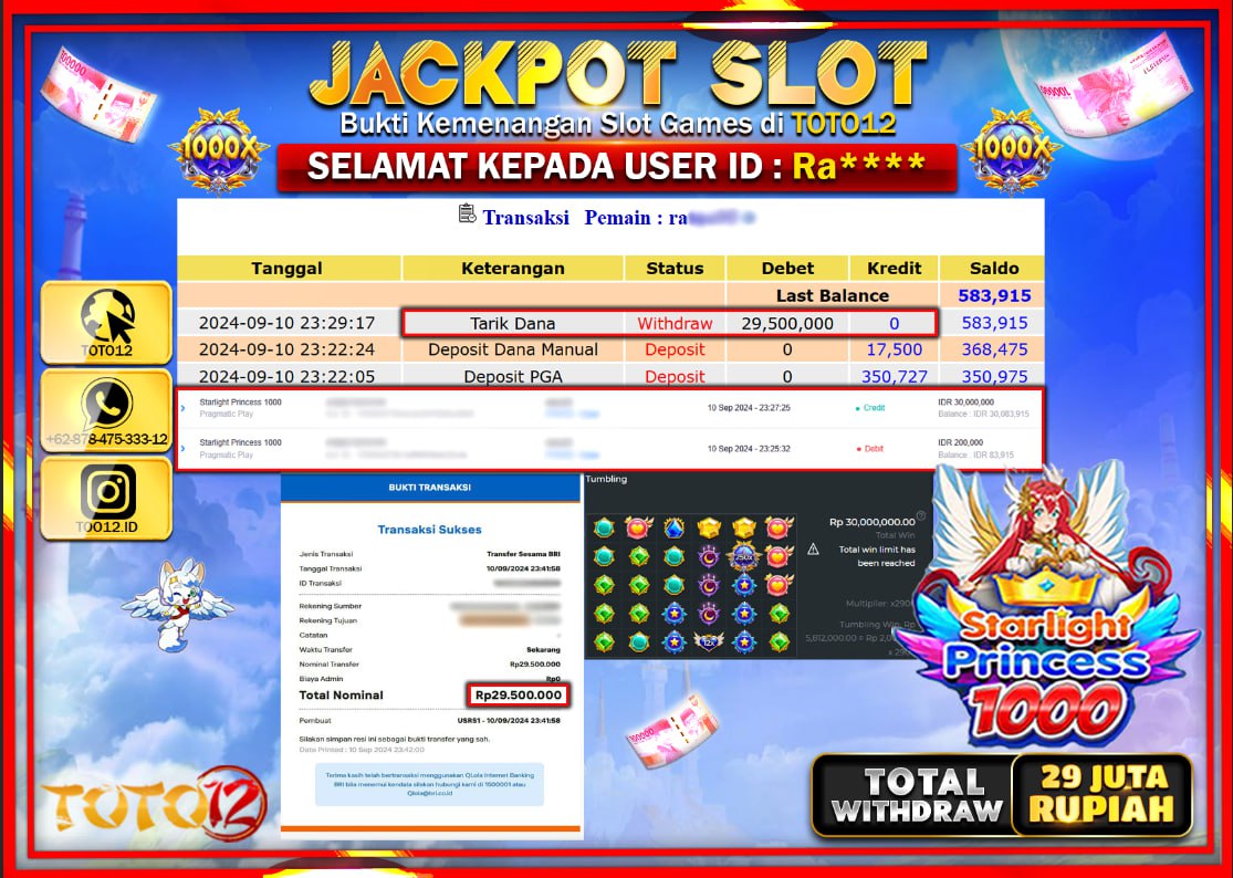 HANYA DI TOTO12 JP PASTI DI BAYAR LUNAS DAN CEPAT!!!!!! JACKPOT SLOT GAME ( STARLIGHT PRINCESS 1000 ) Rp.29.000.000 !!!!
