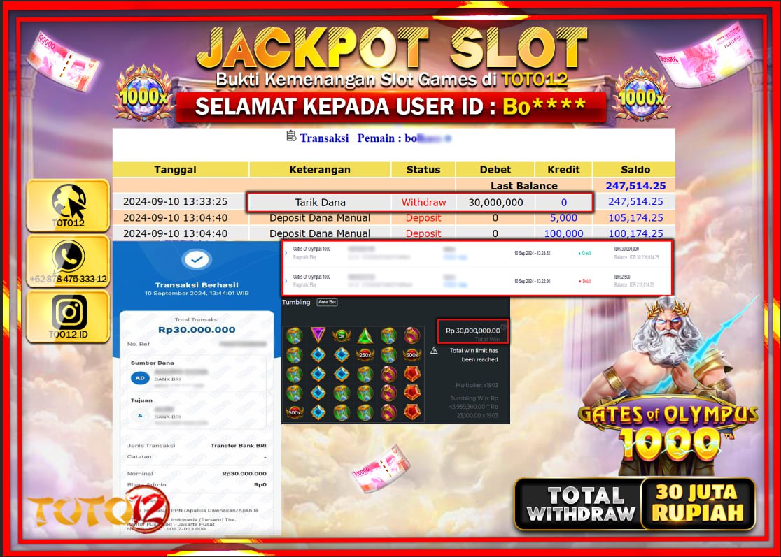 HANYA DI TOTO12 JP PASTI DI BAYAR LUNAS DAN CEPAT!!!!!! JACKPOT SLOT GAME ( GATES OF OLYMPUS 1000 ) Rp.30.000.000 !!!!