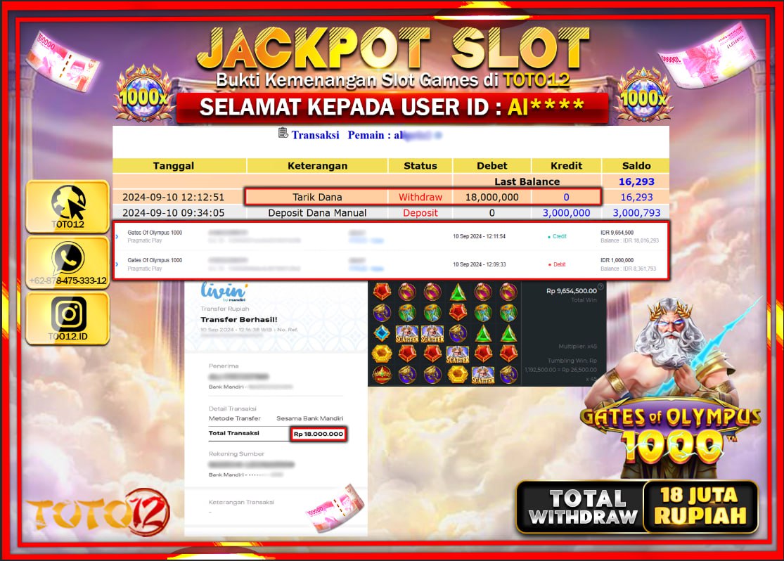 HANYA DI TOTO12 JP PASTI DI BAYAR LUNAS DAN CEPAT!!!!!! JACKPOT SLOT GAME ( GATES OF OLYMPUS 1000 ) Rp.18.000.000 !!!!