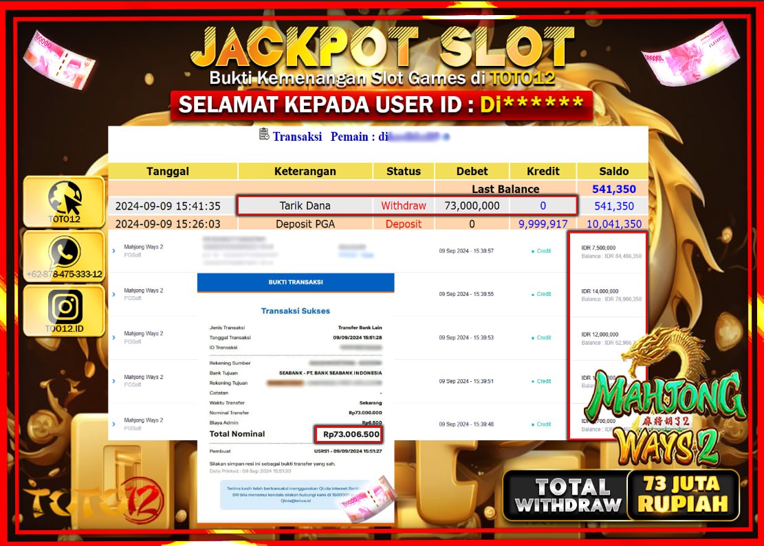 HANYA DI TOTO12 JP PASTI DI BAYAR LUNAS DAN CEPAT!!!!!! JACKPOT SLOT GAME ( MAHJONG WAYS 2 ) Rp.73.000.000 !!!!