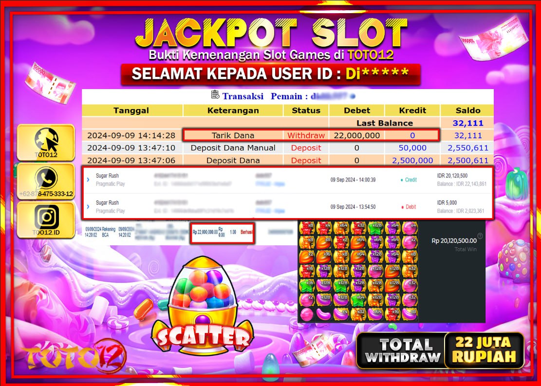 HANYA DI TOTO12 JP PASTI DI BAYAR LUNAS DAN CEPAT!!!!!! JACKPOT SLOT GAME ( SUGAR RUSH 1000 ) Rp.22.000.000 !!!!
