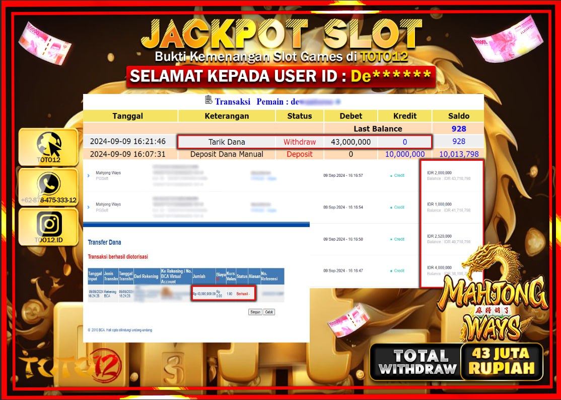 HANYA DI TOTO12 JP PASTI DI BAYAR LUNAS DAN CEPAT!!!!!! JACKPOT SLOT GAME ( MAHJONG WAYS ) Rp.43.000.000 !!!!