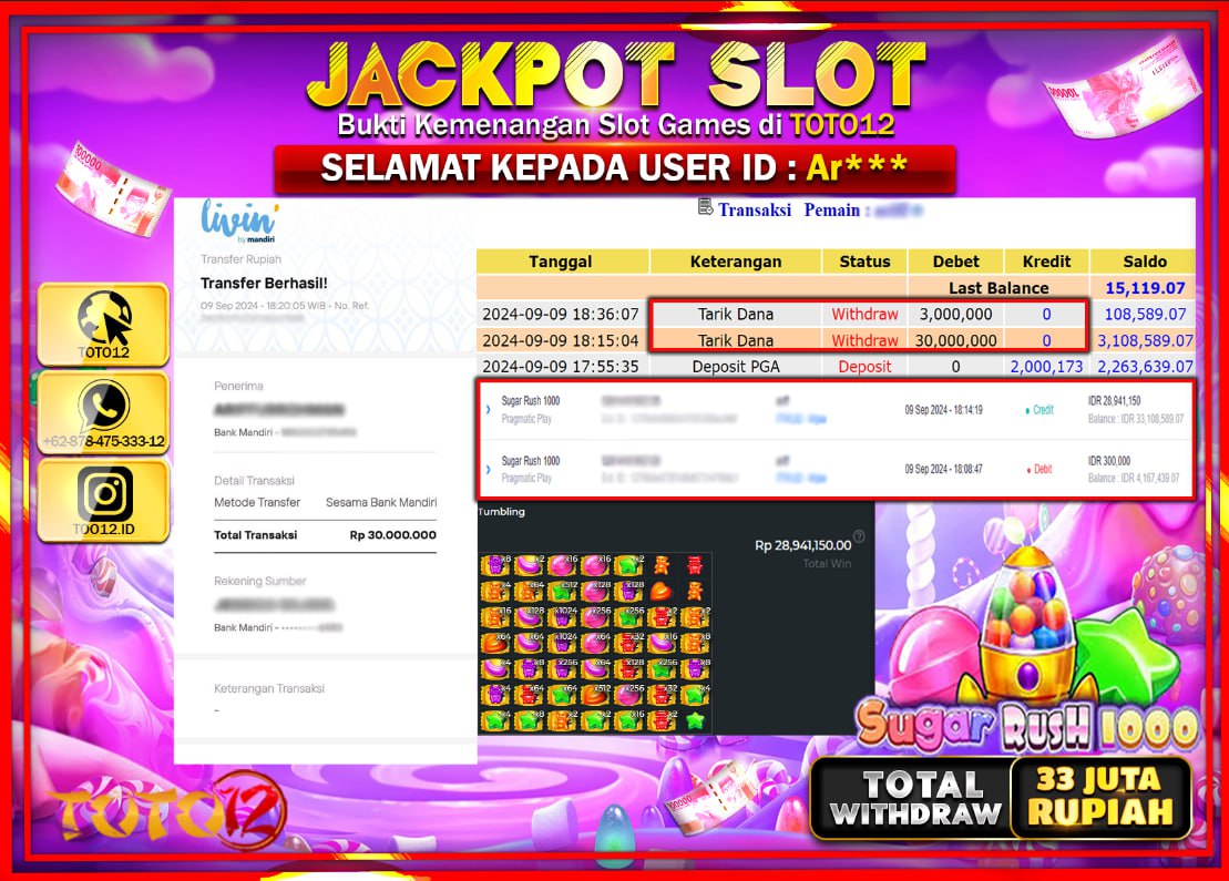 HANYA DI TOTO12 JP PASTI DI BAYAR LUNAS DAN CEPAT!!!!!! JACKPOT SLOT GAME ( SUGAR RUSH 1000 ) Rp.33.000.000 !!!!