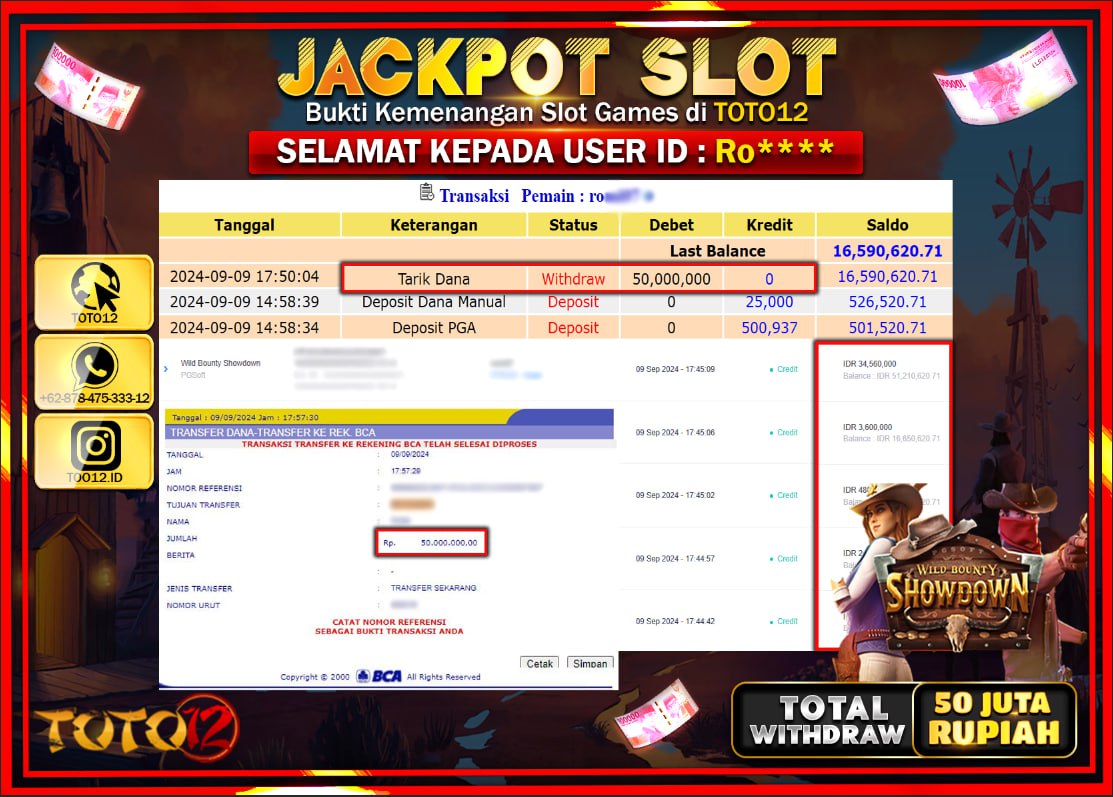 HANYA DI TOTO12 JP PASTI DI BAYAR LUNAS DAN CEPAT!!!!!! JACKPOT SLOT GAME ( WILD BOUNTY SHOWDOWN ) Rp.50.000.000 !!!!
