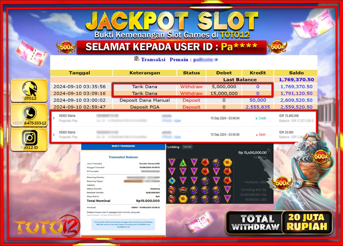 HANYA DI TOTO12 JP PASTI DI BAYAR LUNAS DAN CEPAT!!!!!! JACKPOT SLOT GAME ( 5000X SLOT MANIA ) Rp.20.000.000 !!!!