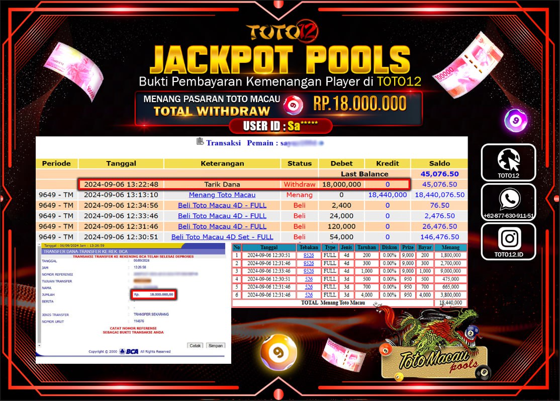 HANYA DI TOTO12 JP PASTI DI BAYAR LUNAS DAN CEPAT!!!!!! JACKPOT POOLS MENANG PASARAN ( TOTOMACAU4D) Rp.18.000.000 !!!!
