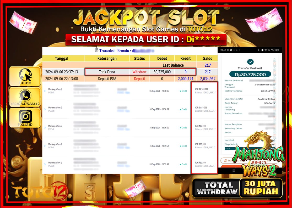 HANYA DI TOTO12 JP PASTI DI BAYAR LUNAS DAN CEPAT!!!!!! JACKPOT SLOT GAME ( MAHJONG WAYS 2 ) Rp.30.000.000 !!!!