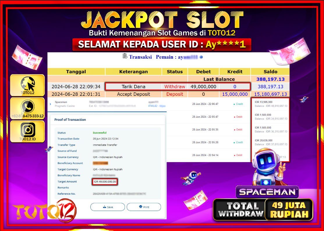 HANYA DI TOTO12 JP PASTI DI BAYAR LUNAS DAN CEPAT!!!!!! JACKPOT SLOT GAME ( SPACEMAN ) Rp.49.000.000 !!!!