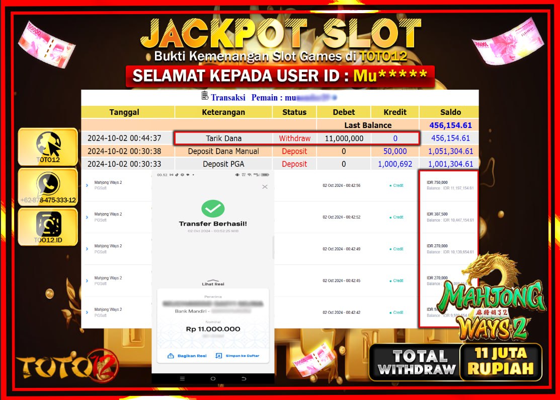 HANYA DI TOTO12 JP PASTI DI BAYAR LUNAS DAN CEPAT!!!!!! JACKPOT SLOT GAME ( MAHJONG WAYS 2 ) Rp.11.000.000 !!!!