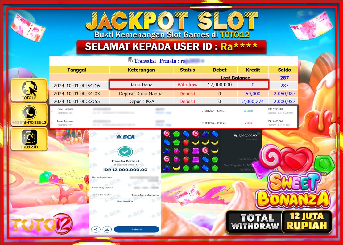 HANYA DI TOTO12 JP PASTI DI BAYAR LUNAS DAN CEPAT!!!!!! JACKPOT SLOT GAME ( SWEET BONANZA  ) Rp.12.000.000 !!!!