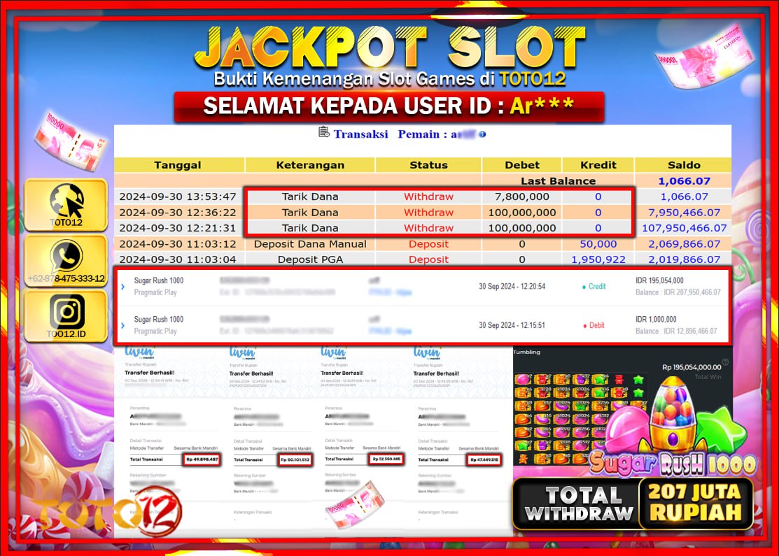 HANYA DI TOTO12 JP PASTI DI BAYAR LUNAS DAN CEPAT!!!!!! JACKPOT SLOT GAME ( SUGAR RUSH 1000 ) Rp.207.000.000 !!!!