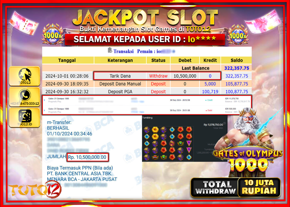 HANYA DI TOTO12 JP PASTI DI BAYAR LUNAS DAN CEPAT!!!!!! JACKPOT SLOT GAME ( GATES OF OLYMPUS 1000 ) Rp.10.000.000 !!!!