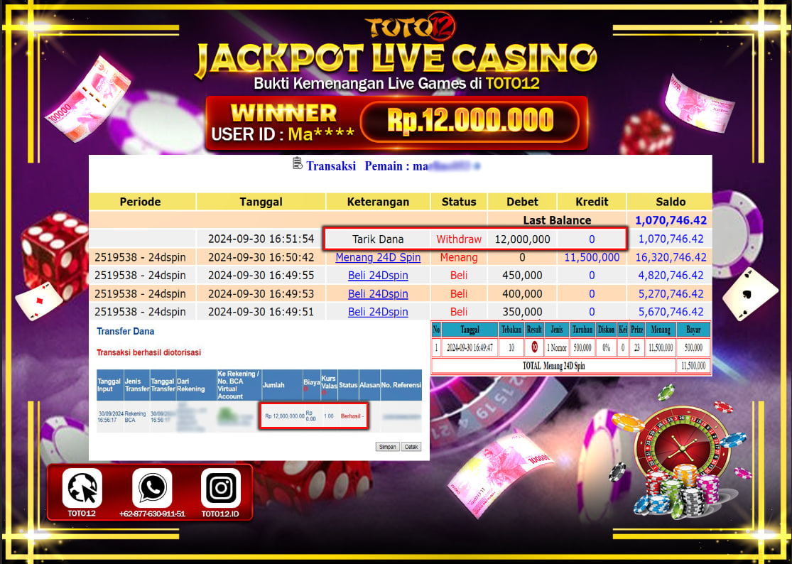 HANYA DI TOTO12 JP PASTI DI BAYAR LUNAS DAN CEPAT!!!!!! JACKPOT LIVE CASINO GAME ( 24D SPIN ) Rp.12.000.000 !!!!