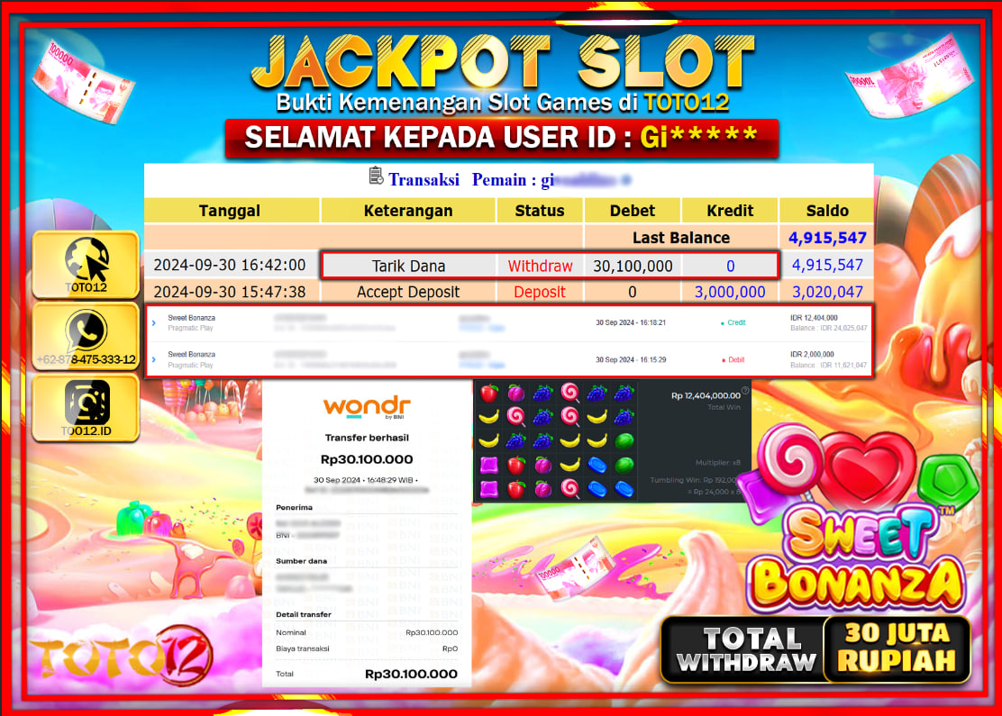 HANYA DI TOTO12 JP PASTI DI BAYAR LUNAS DAN CEPAT!!!!!! JACKPOT SLOT GAME ( SWEET BONANZA ) Rp.30.000.000 !!!!