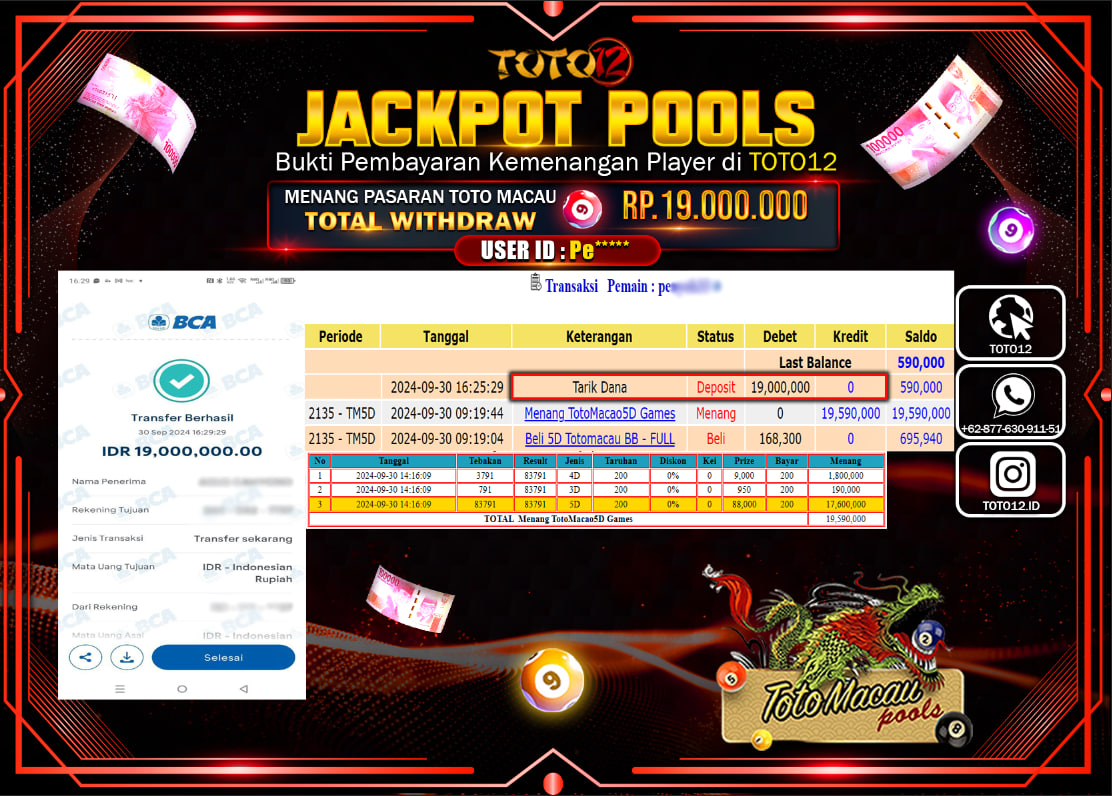 HANYA DI TOTO12 JP PASTI DI BAYAR LUNAS DAN CEPAT!!!!!! JACKPOT POOLS MENANG PASARAN ( TOTO MACAU ) Rp.19.000.000 !!!!