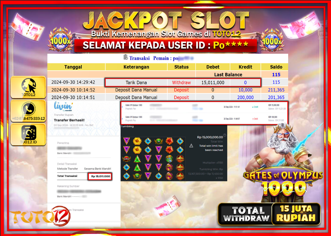 HANYA DI TOTO12 JP PASTI DI BAYAR LUNAS DAN CEPAT!!!!!! JACKPOT SLOT GAME ( GATES OF OLYMPUS 1000 ) Rp.15.000.000 !!!!