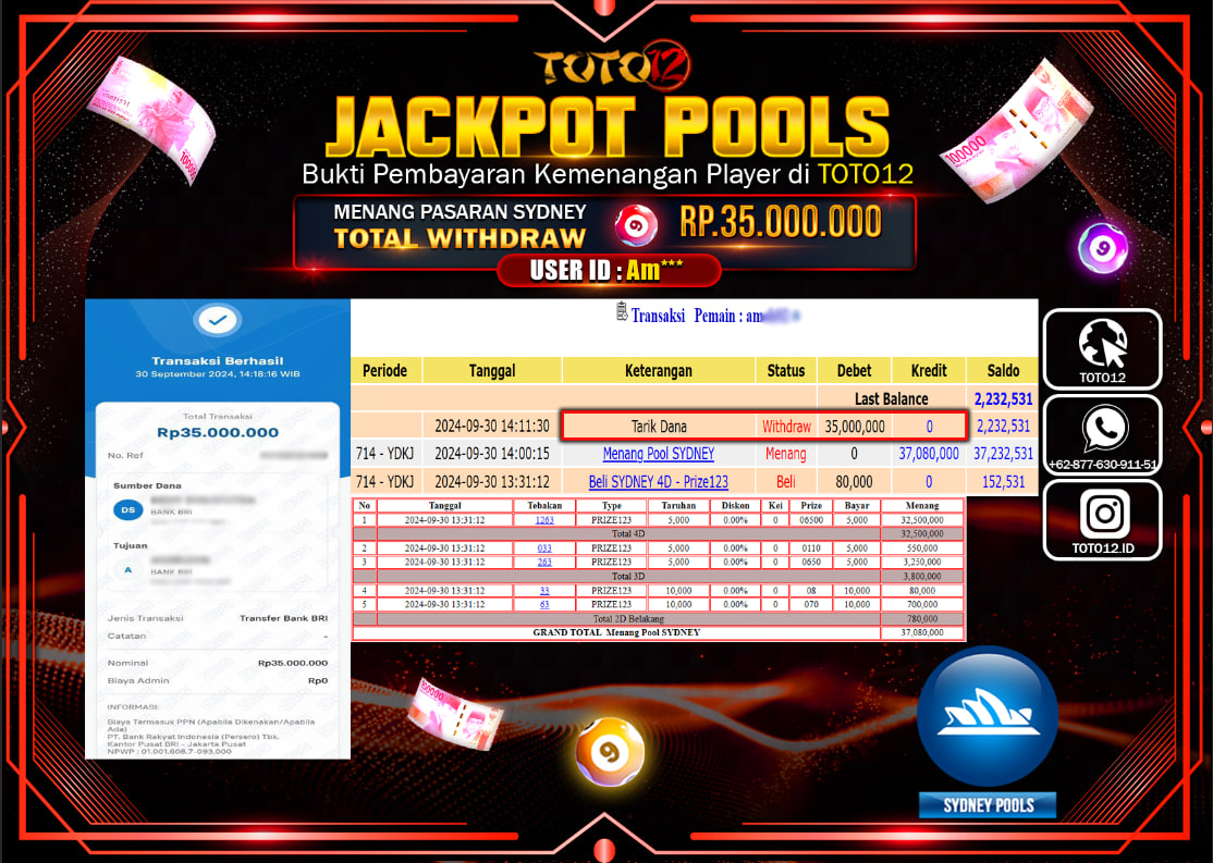 HANYA DI TOTO12 JP PASTI DI BAYAR LUNAS DAN CEPAT!!!!!! JACKPOT POOLS MENANG PASARAN ( SYDNEY ) Rp.35.000.000 !!!!