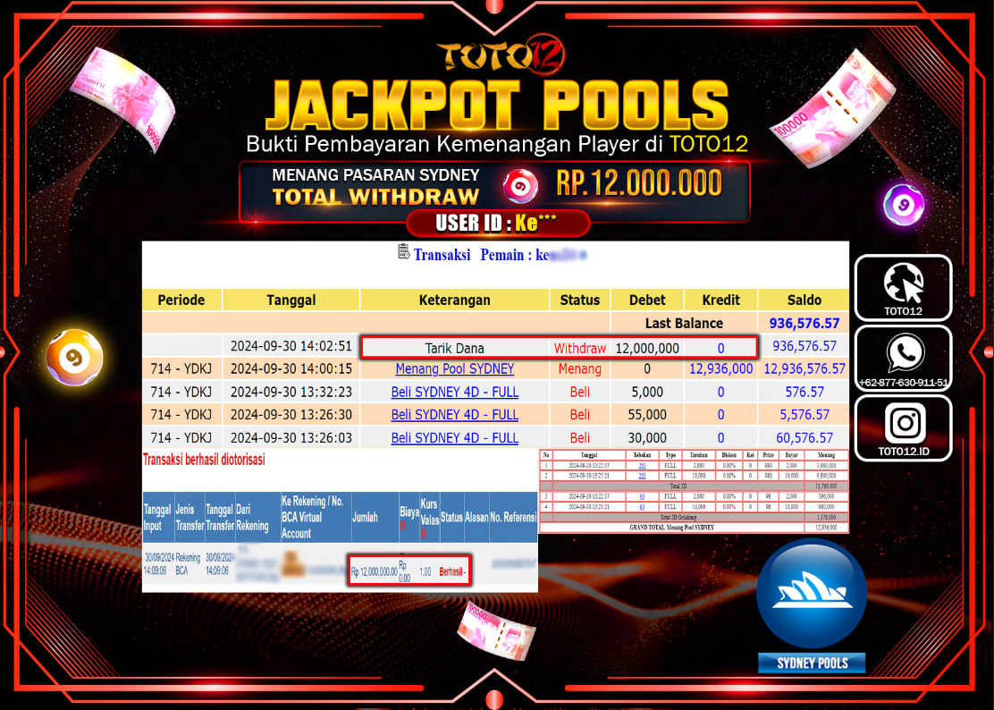 HANYA DI TOTO12 JP PASTI DI BAYAR LUNAS DAN CEPAT!!!!!! JACKPOT POOLS MENANG PASARAN ( SYDNEY ) Rp.12.000.000 !!!!