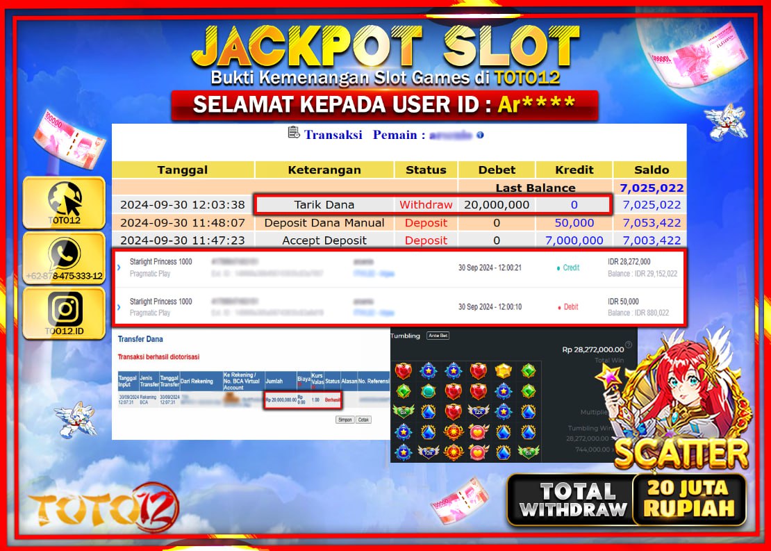 HANYA DI TOTO12 JP PASTI DI BAYAR LUNAS DAN CEPAT!!!!!! JACKPOT SLOT GAME ( STARLIGHT PRINCESS 1000 ) Rp.20.000.000 !!!!