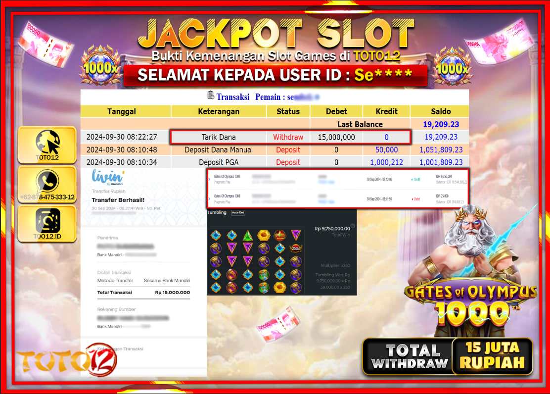 HANYA DI TOTO12 JP PASTI DI BAYAR LUNAS DAN CEPAT!!!!!! JACKPOT SLOT GAME ( GATES OF OLYMPUS 1000 ) Rp.15.000.000 !!!!