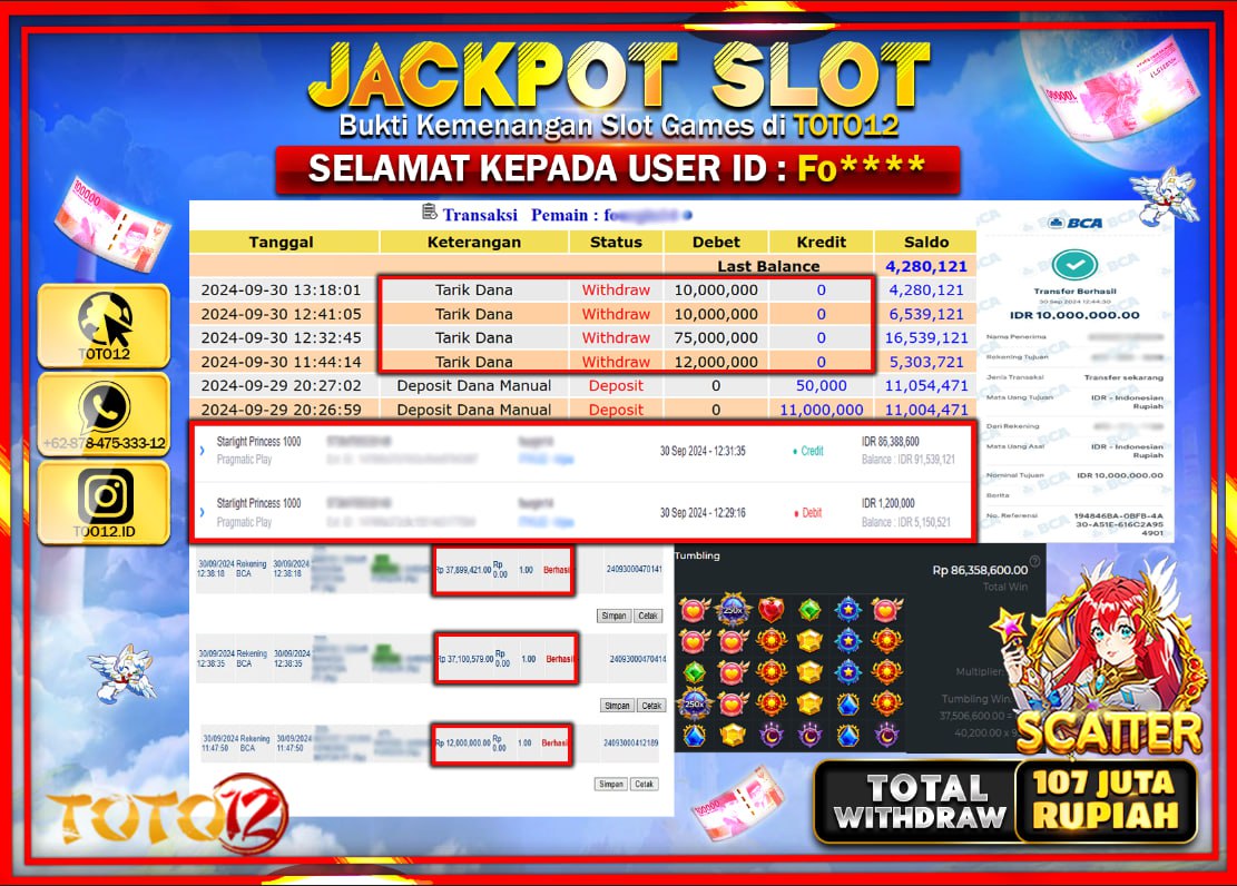 HANYA DI TOTO12 JP PASTI DI BAYAR LUNAS DAN CEPAT!!!!!! JACKPOT SLOT GAME ( STARLIGHT PRINCESS 1000 ) Rp.107.000.000 !!!!