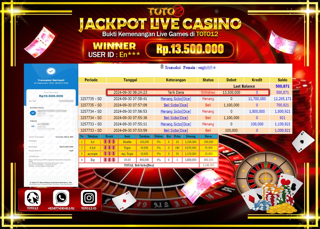 HANYA DI TOTO12 JP PASTI DI BAYAR LUNAS DAN CEPAT!!!!!! JACKPOT LIVE CASINO GAME ( SICBO DICE ) Rp.13.500.000 !!!!