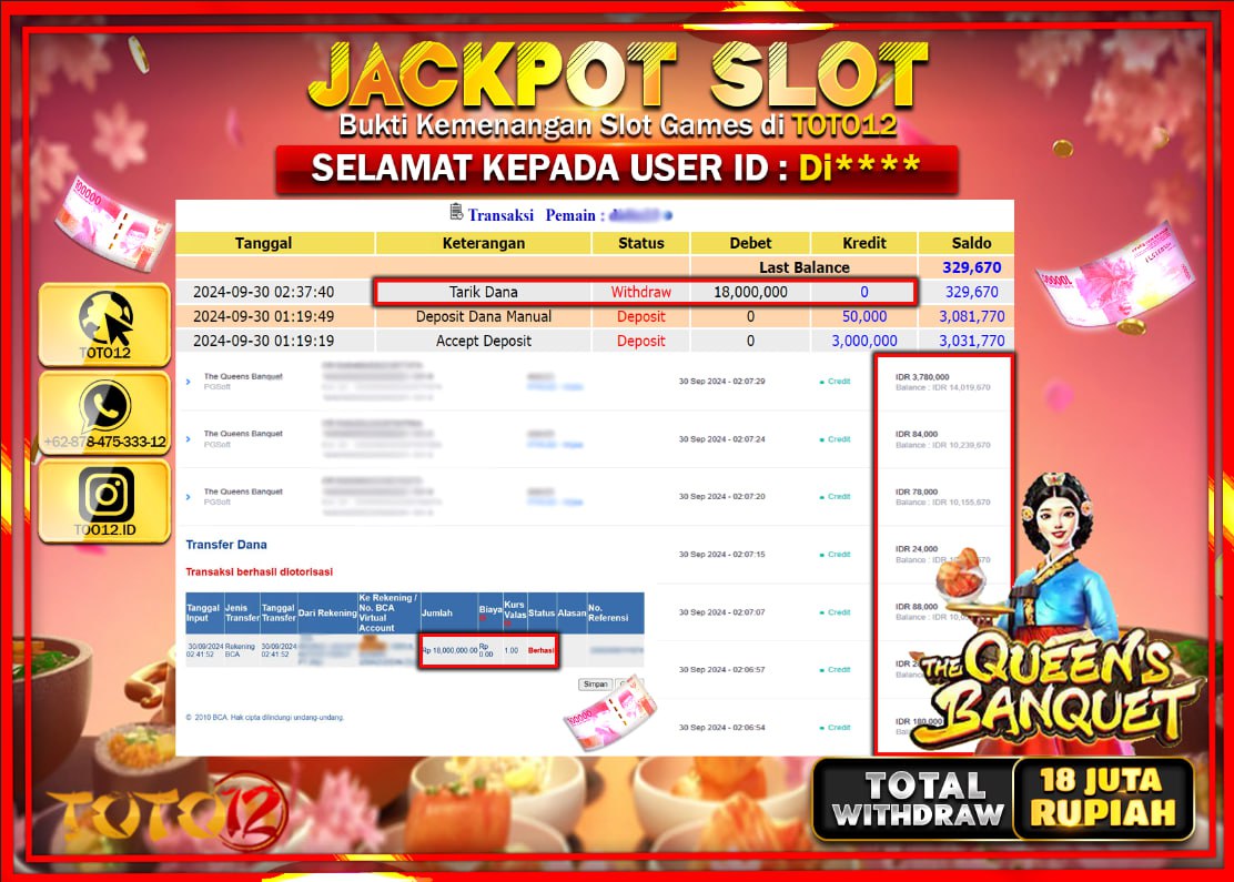 HANYA DI TOTO12 JP PASTI DI BAYAR LUNAS DAN CEPAT!!!!!! JACKPOT SLOT GAME ( THE QUEENS BANQUET ) Rp.18.000.000 !!!!
