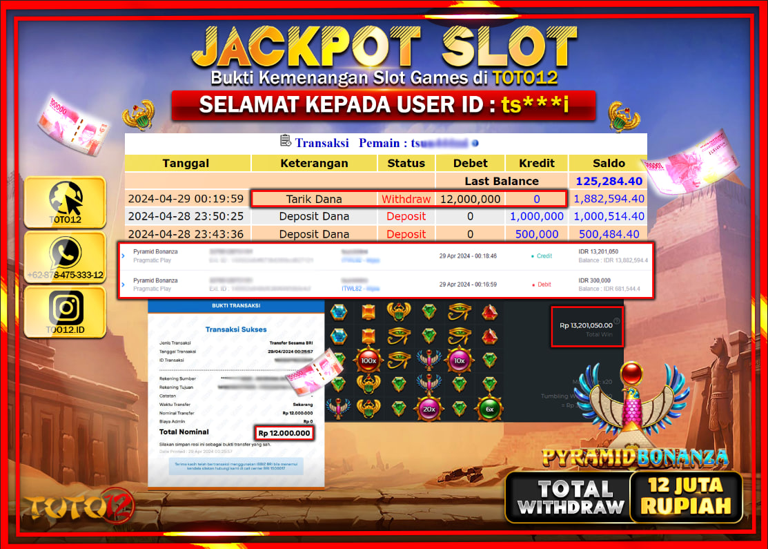 HANYA DI TOTO12 JP PASTI DI BAYAR LUNAS DAN CEPAT!!!!!! JACKPOT SLOT GAME ( PYRAMID BONANZA ) Rp.12.000.000  !!!!