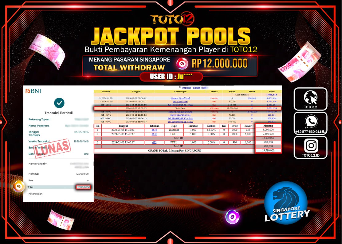 HANYA DI TOTO12 JP PASTI DI BAYAR LUNAS DAN CEPAT!!!!!! JACKPOT POOLS MENANG PASARAN ( SINGAPURE ) Rp.12.000.000 !!!!