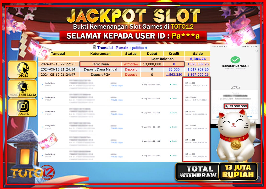 HANYA DI TOTO12 JP PASTI DI BAYAR LUNAS DAN CEPAT!!!!!! JACKPOT SLOT GAME ( LUCKY NEKO ) Rp.13.000.000 !!!!