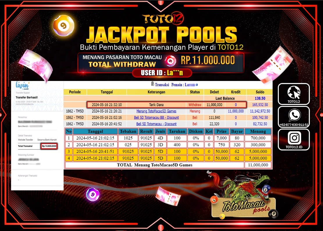 HANYA DI TOTO12 JP PASTI DI BAYAR LUNAS DAN CEPAT!!!!!! JACKPOT POOLS MENANG PASARAN ( TOTO MACAU ) Rp.11.000.000 !!!!