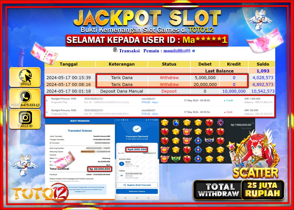 HANYA DI TOTO12 JP PASTI DI BAYAR LUNAS DAN CEPAT!!!!!! JACKPOT SLOT GAME ( STARLIGHT PRINCESS 1000 ) Rp.25.000.000 !!!!