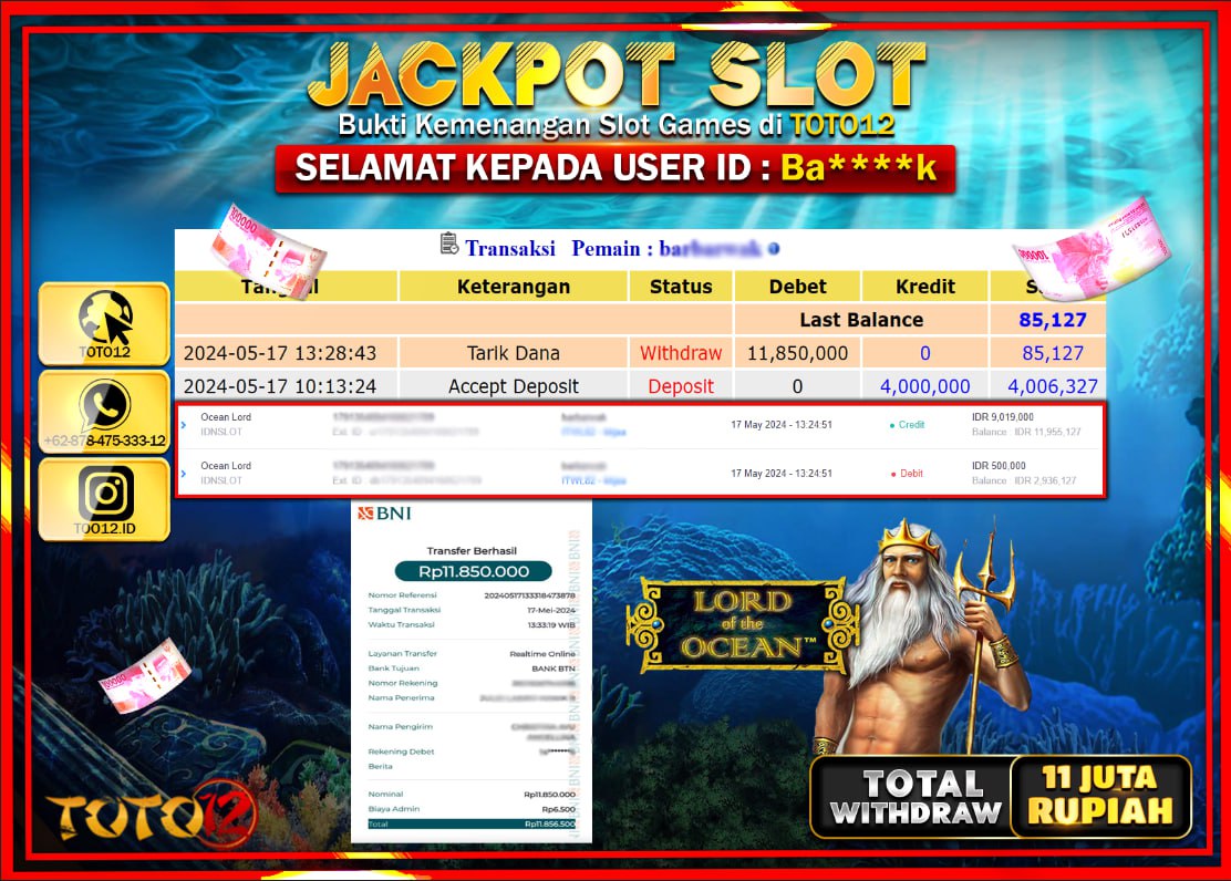HANYA DI TOTO12 JP PASTI DI BAYAR LUNAS DAN CEPAT!!!!!! JACKPOT SLOT GAME ( LORD OF THE OCEAN ) Rp.11.000.000 !!!!