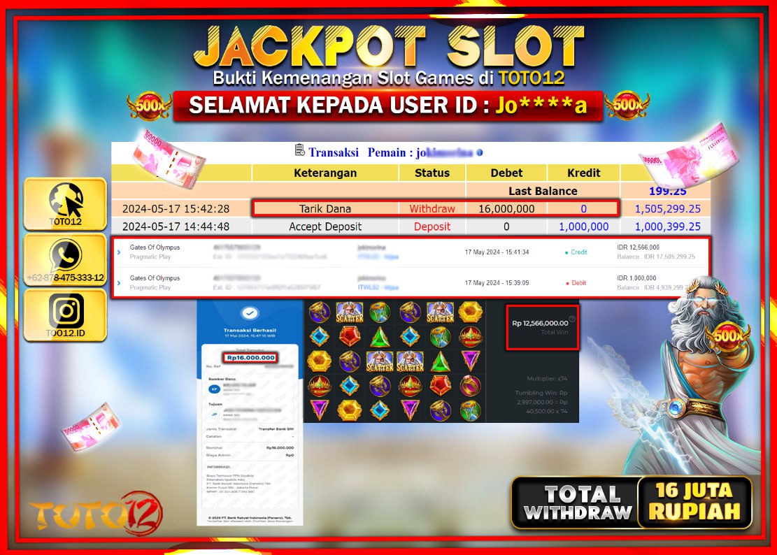 HANYA DI TOTO12 JP PASTI DI BAYAR LUNAS DAN CEPAT!!!!!! JACKPOT SLOT GAME ( GATES OF OLYMPUS ) Rp.16.000.000 !!!!