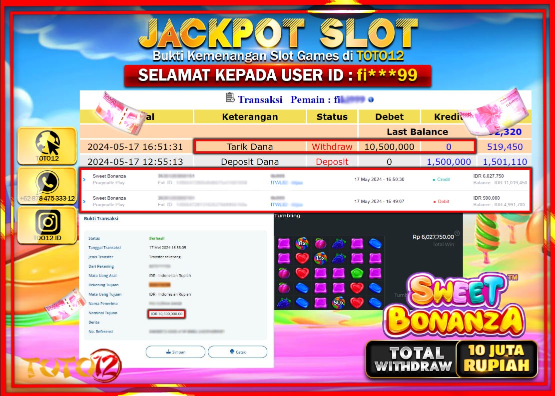 HANYA DI TOTO12 JP PASTI DI BAYAR LUNAS DAN CEPAT!!!!!! JACKPOT SLOT GAME ( SWEET BONANZA ) Rp.10.000.000 !!!!