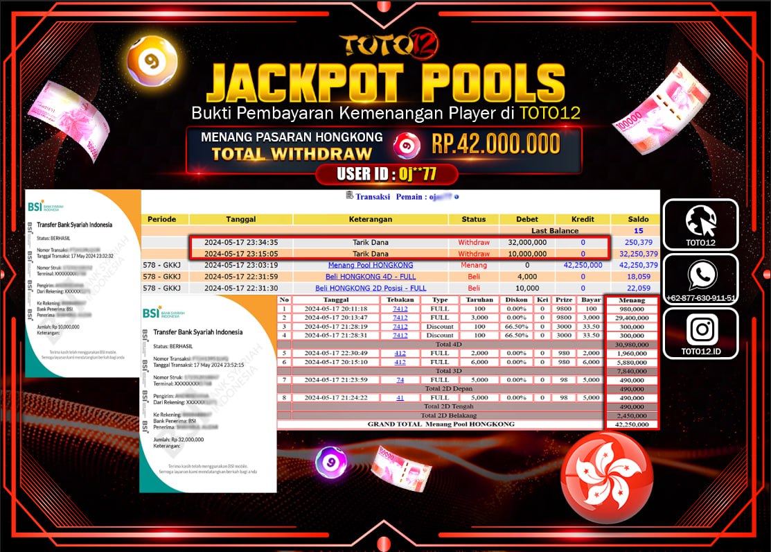 HANYA DI TOTO12 JP PASTI DI BAYAR LUNAS DAN CEPAT!!!!!! JACKPOT POOLS MENANG PASARAN ( HONGKONG ) Rp.42.000.000 !!!!