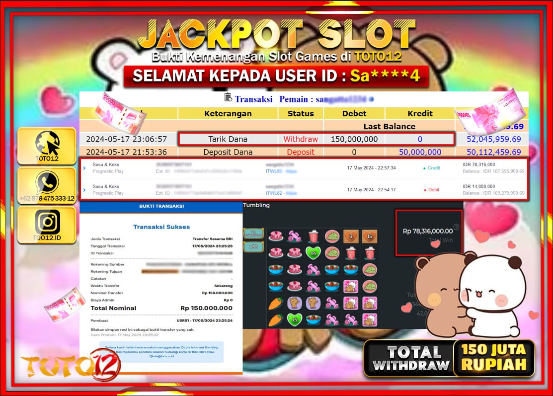 HANYA DI TOTO12 JP PASTI DI BAYAR LUNAS DAN CEPAT!!!!!! JACKPOT SLOT GAME ( SUSU & KOKO ) Rp.150.000.000 !!!!