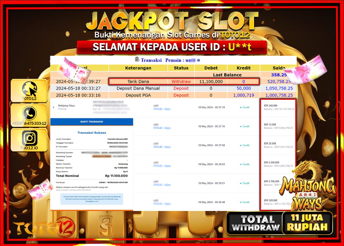 HANYA DI TOTO12 JP PASTI DI BAYAR LUNAS DAN CEPAT!!!!!! JACKPOT SLOT GAME ( MAHJONG WAYS ) Rp.11.000.000 !!!!