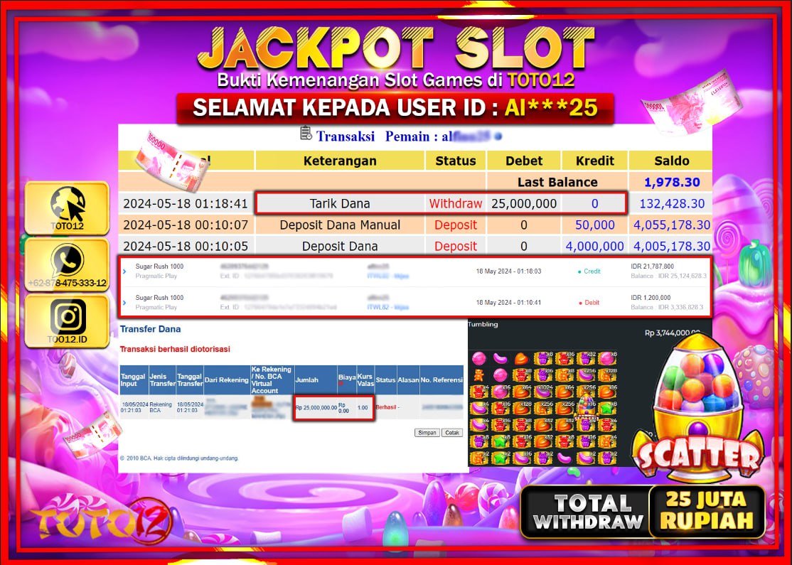 HANYA DI TOTO12 JP PASTI DI BAYAR LUNAS DAN CEPAT!!!!!! JACKPOT SLOT GAME ( SUGAR RUSH 1000 ) Rp.25.000.000 !!!!