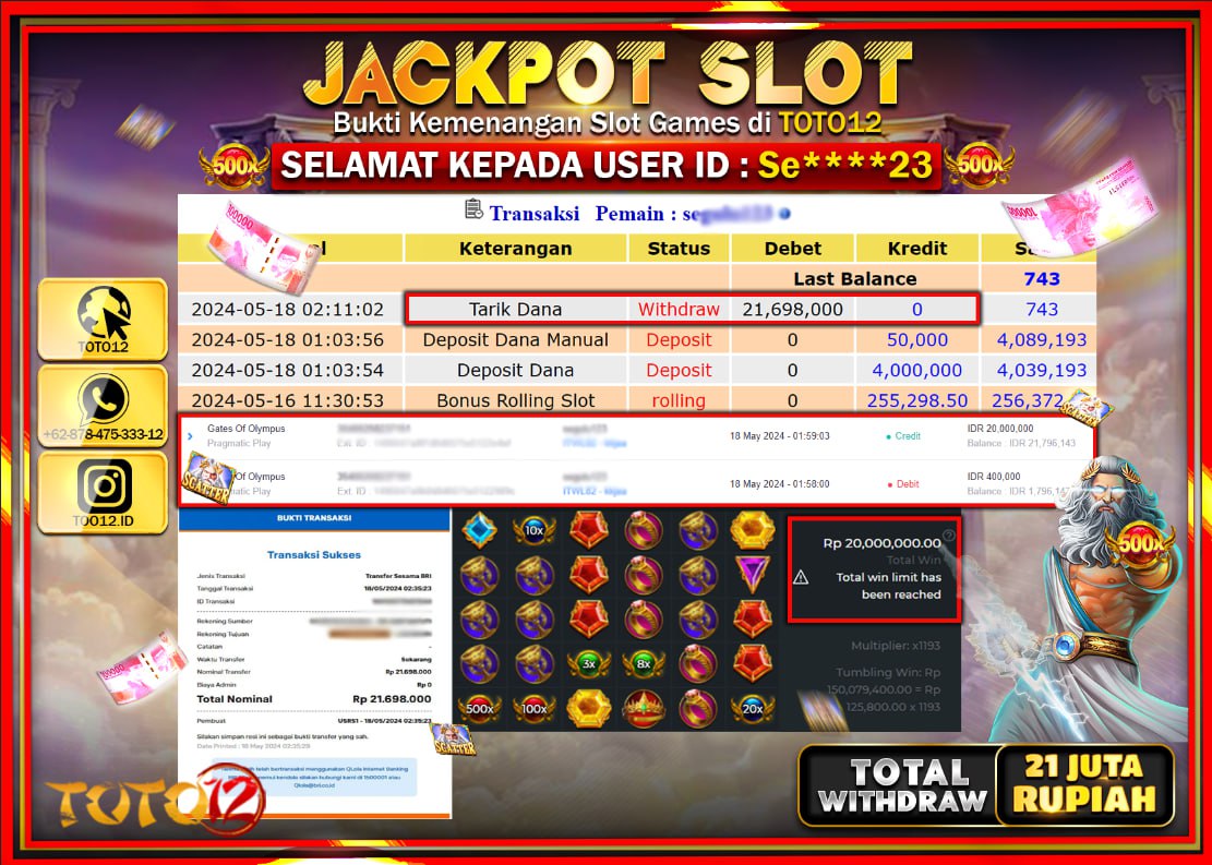HANYA DI TOTO12 JP PASTI DI BAYAR LUNAS DAN CEPAT!!!!!! JACKPOT SLOT GAME ( GATES OF OLYMPUS ) Rp.21.000.000 !!!!