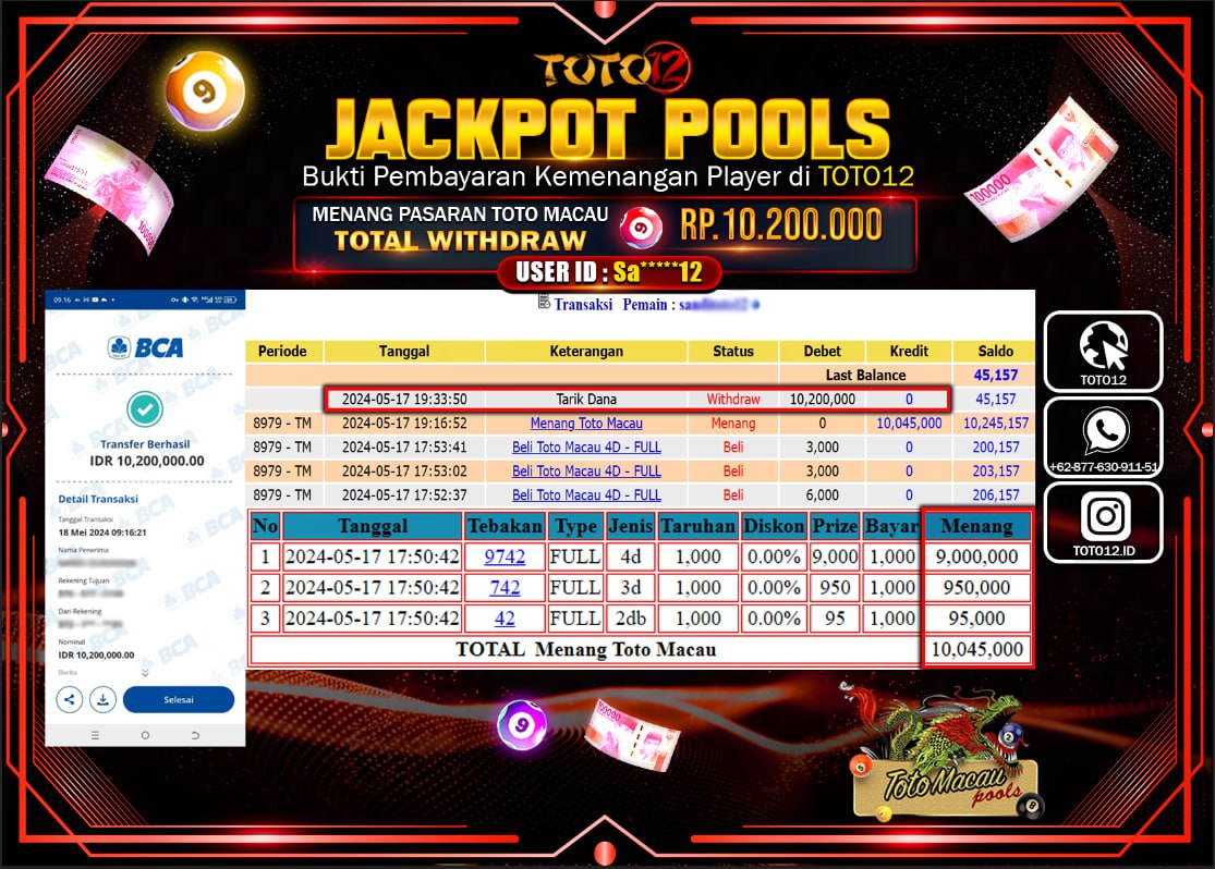 HANYA DI TOTO12 JP PASTI DI BAYAR LUNAS DAN CEPAT!!!!!! JACKPOT LIVE CASINO GAME ( TOTO MACAU ) Rp.10.200.000 !!!!