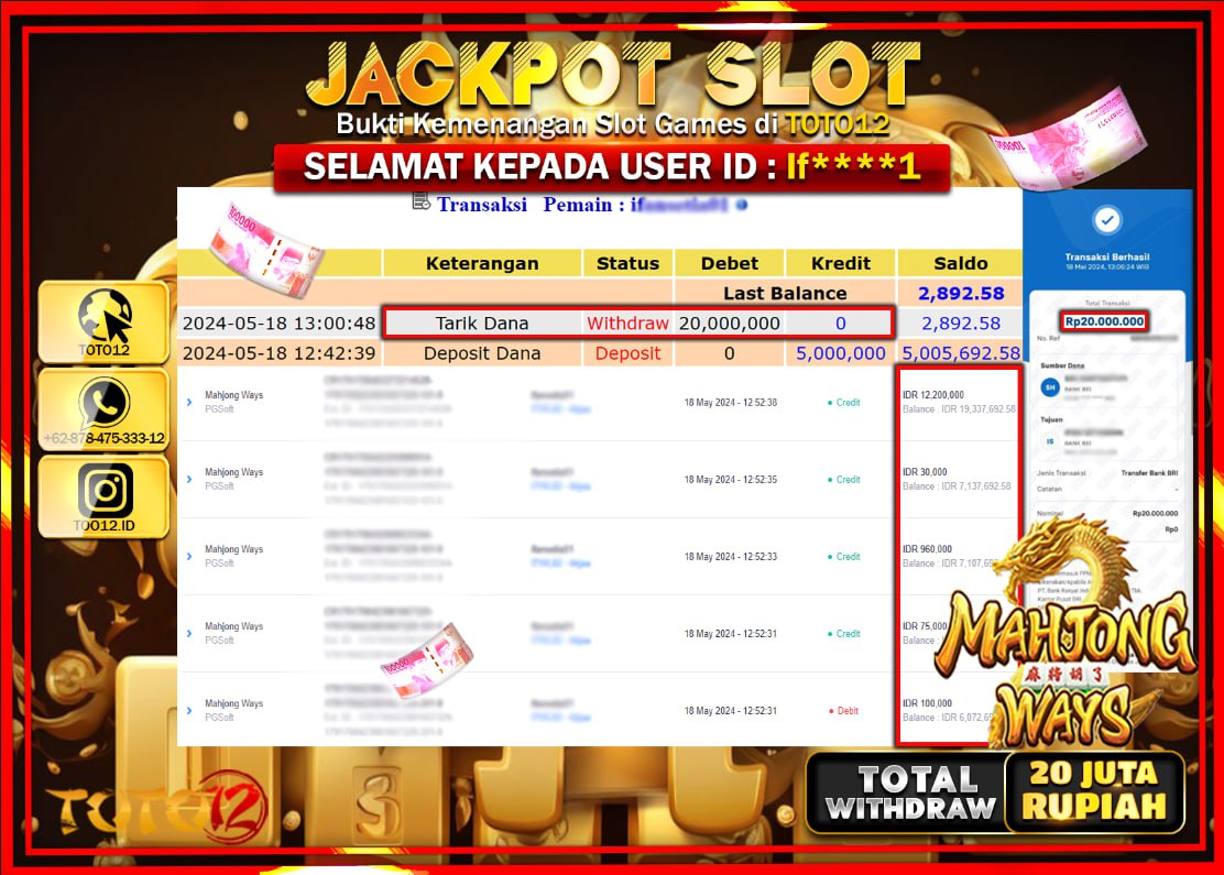 HANYA DI TOTO12 JP PASTI DI BAYAR LUNAS DAN CEPAT!!!!!! JACKPOT SLOT GAME ( MAHJONG WAYS ) Rp.20.000.000 !!!!