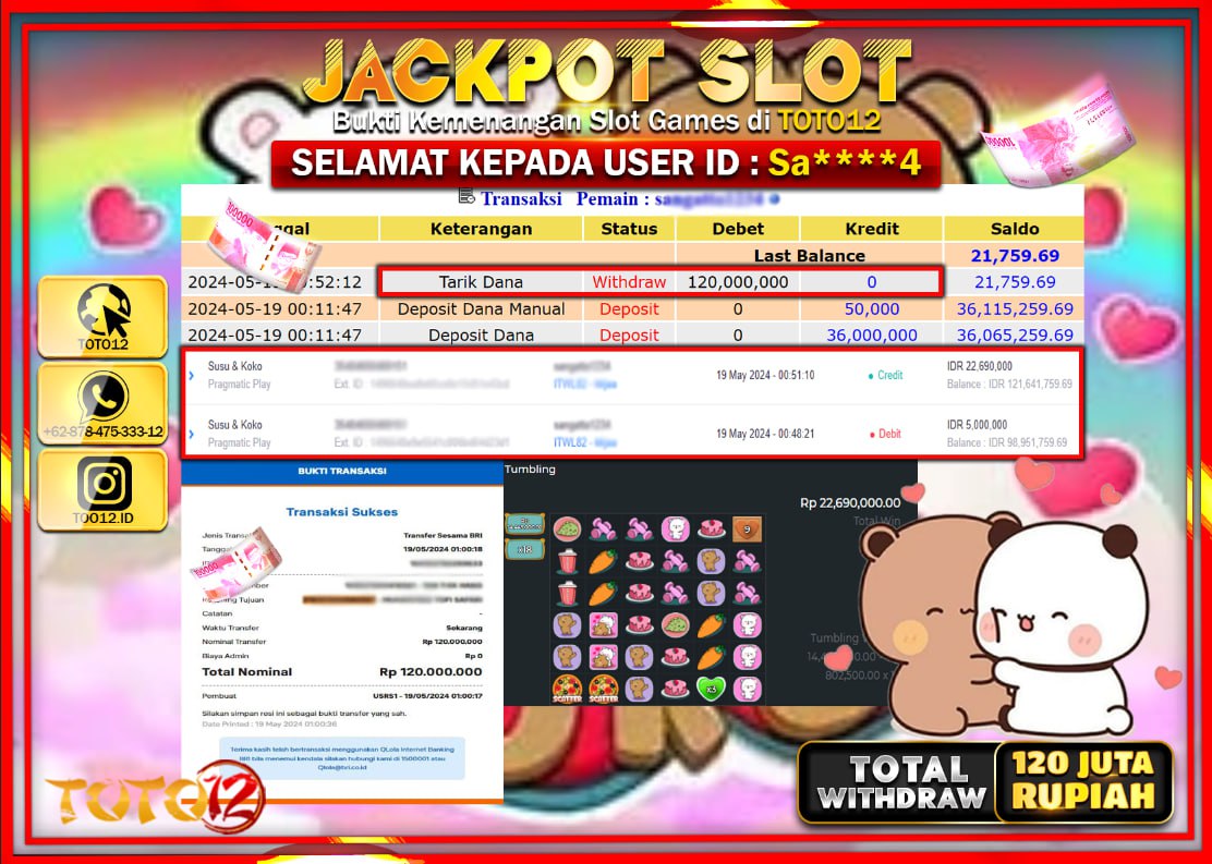 HANYA DI TOTO12 JP PASTI DI BAYAR LUNAS DAN CEPAT!!!!!! JACKPOT SLOT GAME ( SUSU & KOKO ) Rp.120.000.000 !!!!